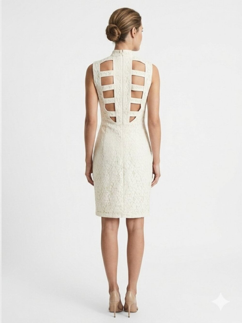 EVE GRAVEL OFF WHITE LACE CUTOUT SHEATH FORMAL PARTY DRESS - S